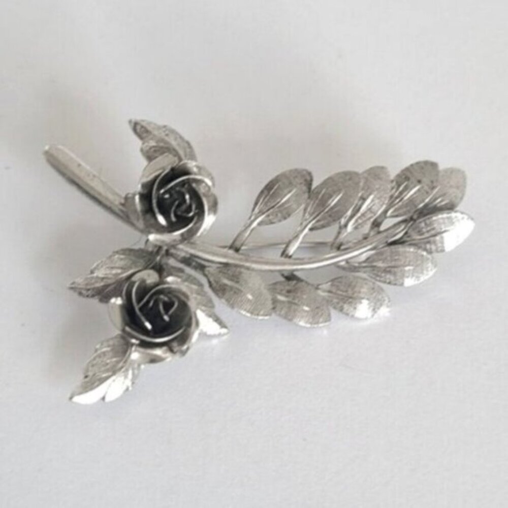 Vintage Boho Bond Boyd Sterling Silver Leaf Rose Floral Brooch
